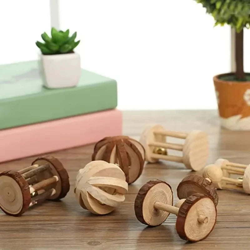 Wooden Chew Toys For Small Pets – Roller, Bell & Dumbbell