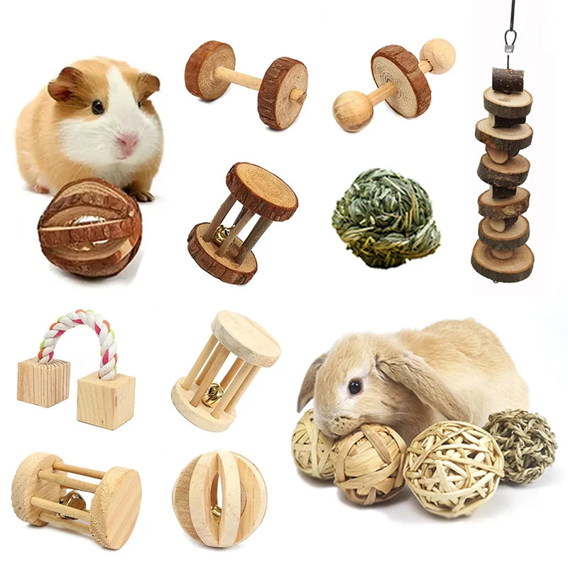 Wooden Chew Toys For Small Pets – Roller, Bell & Dumbbell