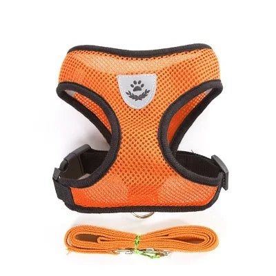 orange Color Breathable Mesh Pet Harness With Leash – Reflective Vest