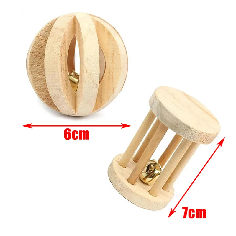 Style 3and5 Color Wooden Chew Toys For Small Pets – Roller, Bell & Dumbbell