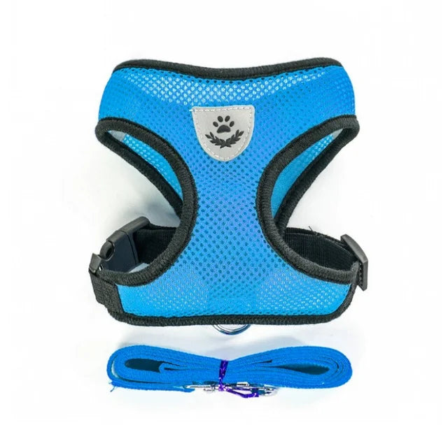 Blue Color Breathable Mesh Pet Harness With Leash – Reflective Vest