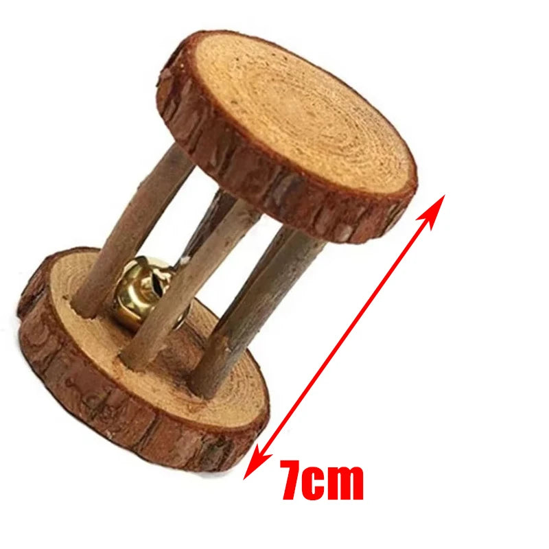 Style 2 Color Wooden Chew Toys For Small Pets – Roller, Bell & Dumbbell