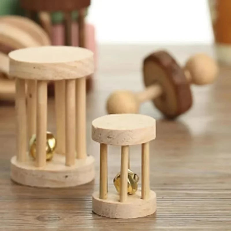 Wooden Chew Toys For Small Pets – Roller, Bell & Dumbbell