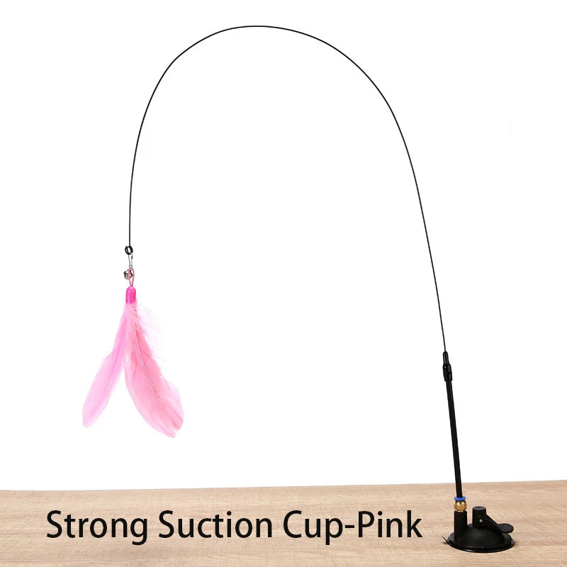 Strong suction Pink Color Interactive Feather Cat Wand Toy With Suction Cup