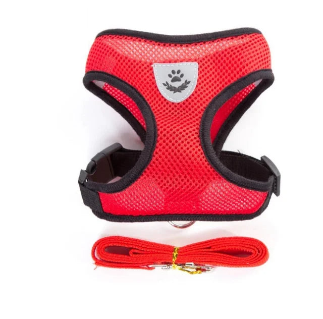 Red Color Breathable Mesh Pet Harness With Leash – Reflective Vest