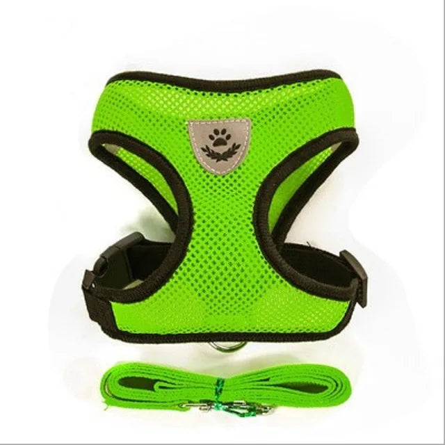 green Color Breathable Mesh Pet Harness With Leash – Reflective Vest