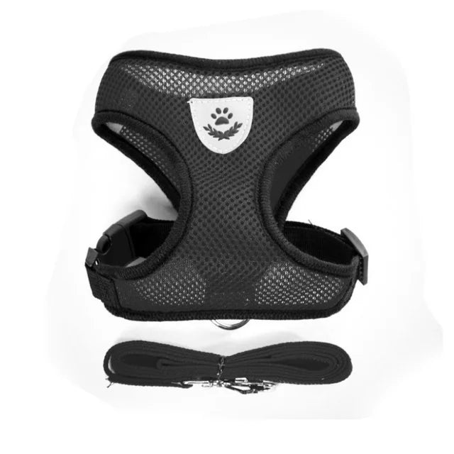 black Color Breathable Mesh Pet Harness With Leash – Reflective Vest