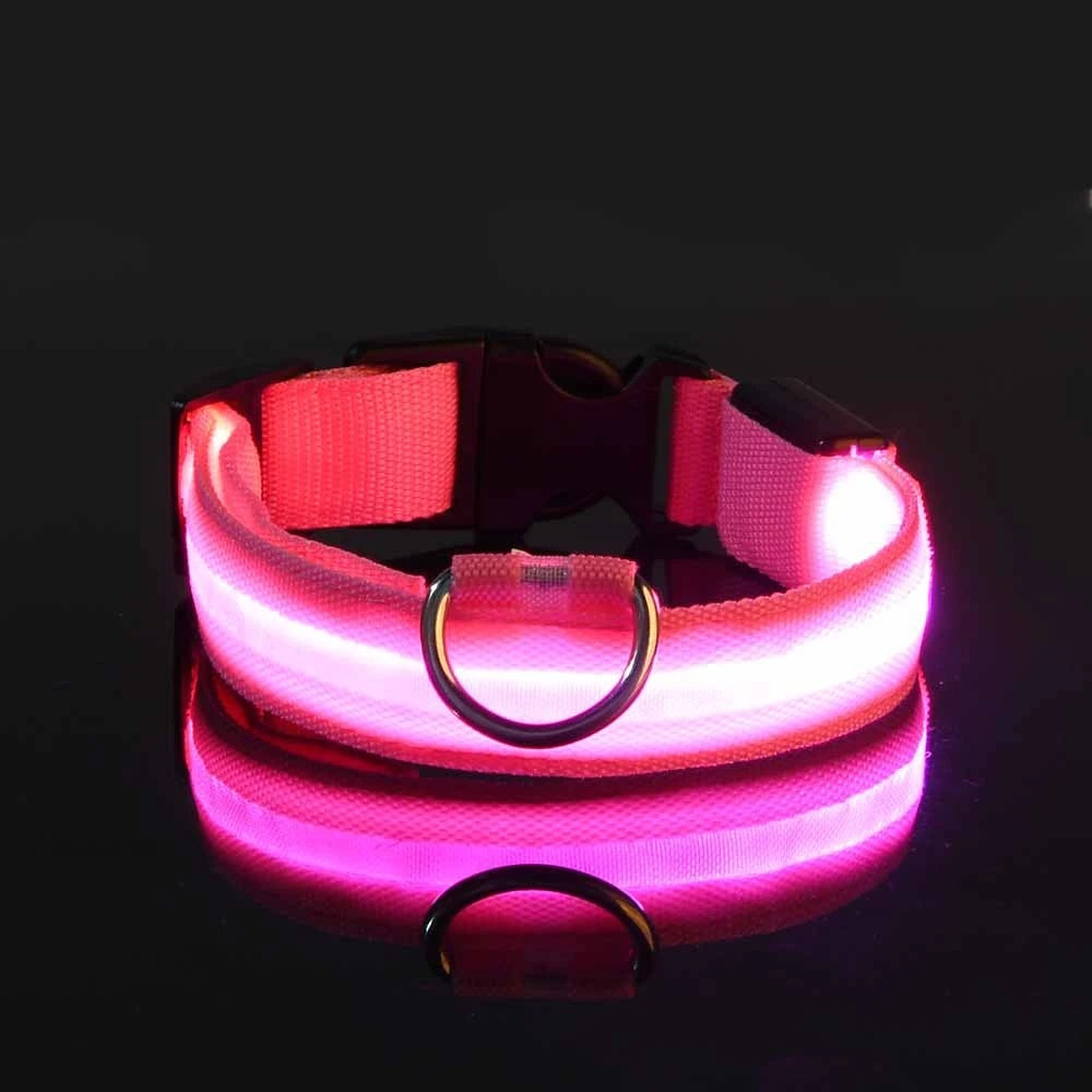 Pink Color LED Light-Up Dog Collar – Nylon Night Safety Collar