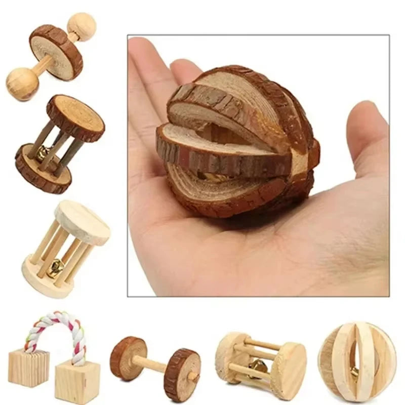 Wooden Chew Toys For Small Pets – Roller, Bell & Dumbbell