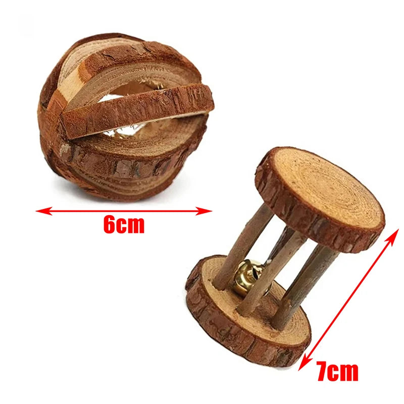 Style 1and2 Color Wooden Chew Toys For Small Pets – Roller, Bell & Dumbbell
